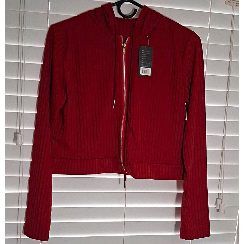 SHEIN Women's Full Zip Hooded Hoodie Red Solid Knit Polyester Size S